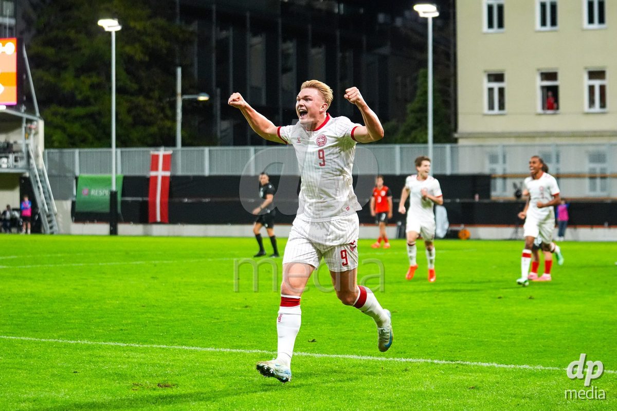 VIENNA, AUSTRIA - OCTOBER 2: Conrad Harder (Dänemark U21, 9) with the Goal - Goal celebration  during the UEFA European Qualifiers match between Austria U21 and Denmark U21 at Wiener Sport-Club Stadion on October 2, 2026 in Vienna, Austria.