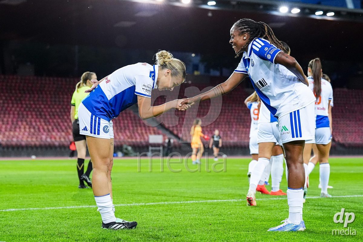 ZURICH, SWITZERLAND - OCTOBER 2: Ella Ljustina of Grasshopper Club Zurich (L) and Paige Bailey-Gayle of Grasshopper Club Zurich  (R) celebrate after scoring her teams second goal during the AXA Women's Super League match between GC Frauenfussball and FC Zurich at Letzigrund on October 2, 2026 in Zurich, Switzerland.