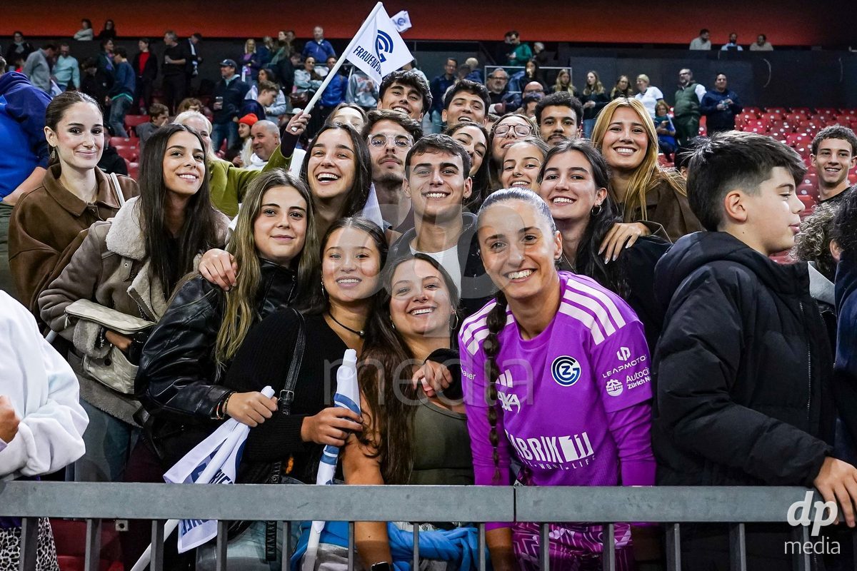 ZURICH, SWITZERLAND - OCTOBER 2: Fans with Jimena Vicario Casal of Grasshopper Club Zurich after the victory during the AXA Women's Super League match between GC Frauenfussball and FC Zurich at Letzigrund on October 2, 2026 in Zurich, Switzerland.