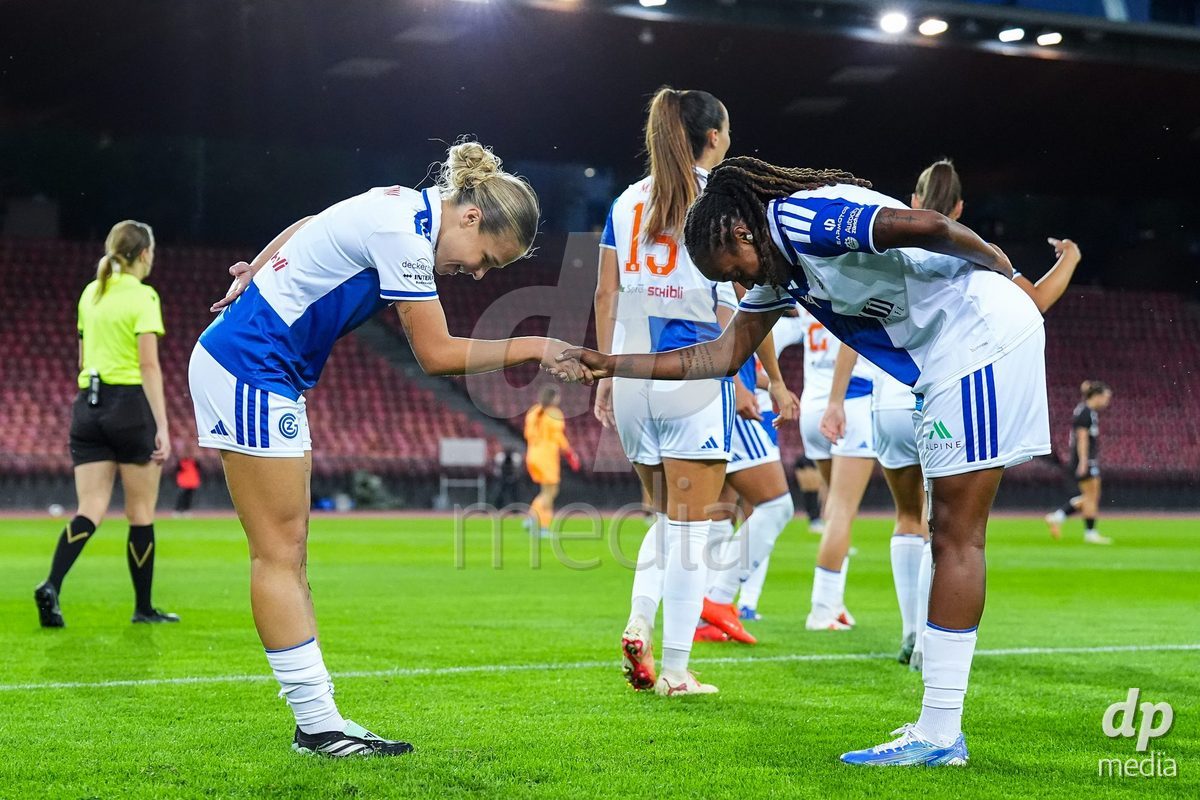 ZURICH, SWITZERLAND - OCTOBER 2: Ella Ljustina of Grasshopper Club Zurich (L) and Paige Bailey-Gayle of Grasshopper Club Zurich  (R) celebrate after scoring her teams second goal during the AXA Women's Super League match between GC Frauenfussball and FC Zurich at Letzigrund on October 2, 2026 in Zurich, Switzerland.