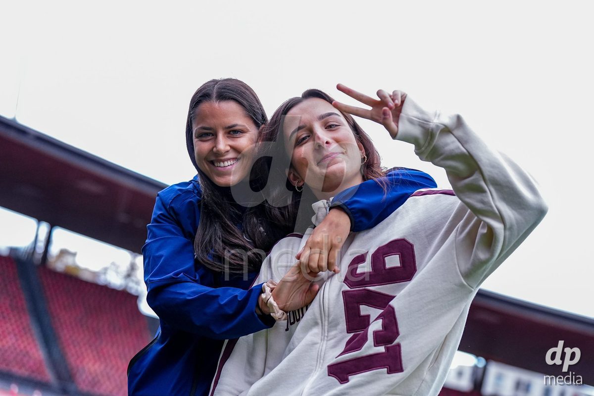 ZURICH, SWITZERLAND - OCTOBER 2: Luna Lemperiere  and Yade Bayrakdar of Grasshopper Club Zurich arrive pitchside ahead of the AXA Women's Super League match between GC Frauenfussball and FC Zurich at Letzigrund on October 2, 2026 in Zurich, Switzerland.