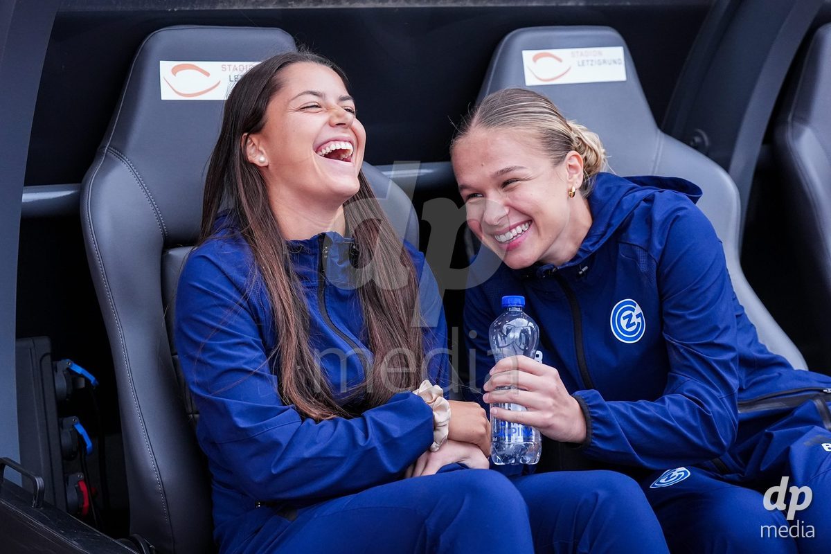 ZURICH, SWITZERLAND - OCTOBER 2: Ella Ljustina (R) and Luna Lemperiere of Grasshopper Club Zurich arrive pitchside ahead of the AXA Women's Super League match between GC Frauenfussball and FC Zurich at Letzigrund on October 2, 2026 in Zurich, Switzerland.