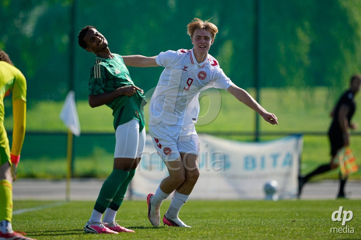 CANTAHEDE, PORTUGAL- OCTOBER 3: Tristan Thomsen of Denmark celebrates a goal during the International Friendly match between Denmark U17 and Saudi Arabia U17 at Complexo Desportivo de Cantanhede on October 3, 2026 in Cantanhede, Portugal.