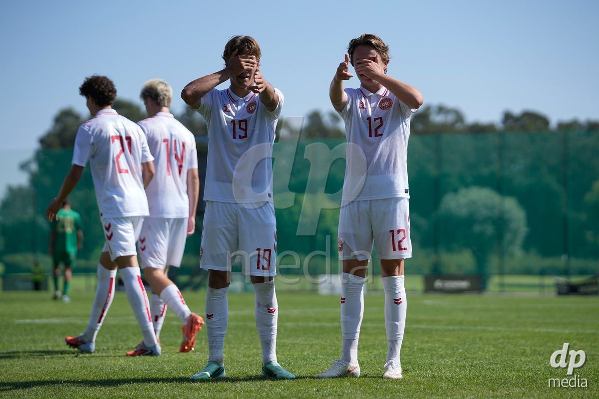 CANTAHEDE, PORTUGAL- OCTOBER 3: Felix Gothler of Denmark and Adam Roesen of Denmark celebrates a goal during the International Friendly match between Denmark U17 and Saudi Arabia U17 at Complexo Desportivo de Cantanhede on October 3, 2026 in Cantanhede, Portugal.