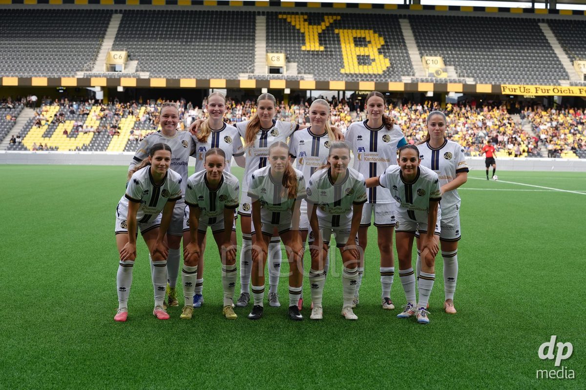BERN, SWITZERLAND - OCTOBER 3: Barbara Reger (16 FCL), Romy Baraniak (8 FCL), Ramona Schallberger (11 FCL) Athanasia Moraitou (10 FCL), Katja Nicola Orschmann (2 FCL) Melissa Rondalli (21 FCL), Liel Rickenbach (26 FCL), Valentina Gerlof (5 FCL), Lena Walti (3 FCL), Mara Arnold (4 FCL) and Goalkeeper Laura Vogt (29 FCL) before the AXA Women's Super League match between BSC YB Frauen and FC Luzern at Wankdorf Stadion on October 3, 2026 in Bern, Switzerland.