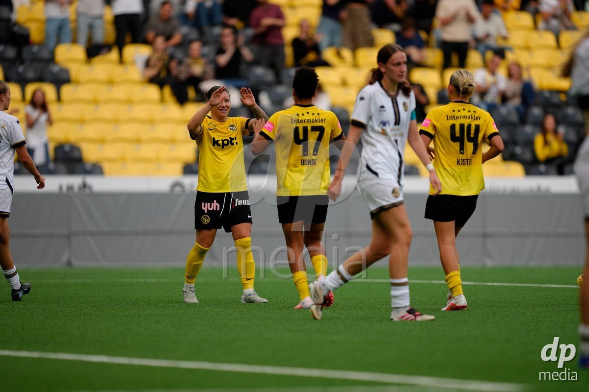 BERN, SWITZERLAND - OCTOBER 3: Ramona Bachmann (17 YB Frauen) celebrates the goal from Josephine Afua Kyerewaa Bonsu (47 YB Frauen) with her during the AXA Women's Super League match between BSC YB Frauen and FC Luzern at Wankdorf Stadion on October 3, 2026 in Bern, Switzerland.
