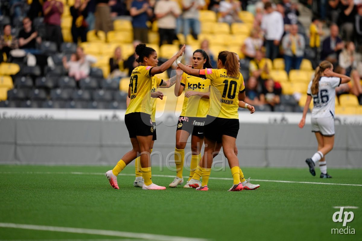 BERN, SWITZERLAND - OCTOBER 3: Josephine Afua Kyerewaa Bonsu (47 YB Frauen) celebrates her goal with Ramona Bachmann (17 YB Frauen), Stephanie Waeber (10 YB Frauen) and Laura Frey (26 YB Frauen) during the AXA Women's Super League match between BSC YB Frauen and FC Luzern at Wankdorf Stadion on October 3, 2026 in Bern, Switzerland.