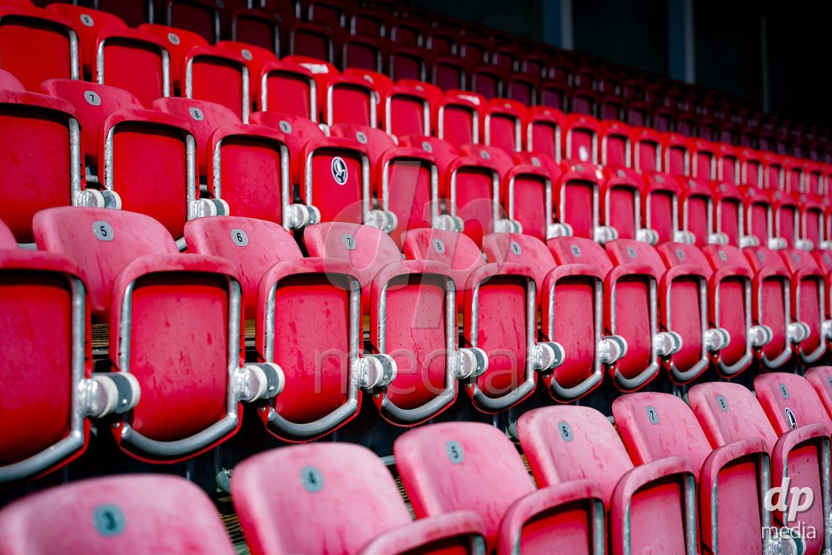 RAPPERSWIL, SWITZERLAND - OCTOBER 3: Tribune seats of Grunfeld prior to the AXA Women's Super League match between FC Rapperswil-Jona and FC Aarau Frauen at Grunfeld on October 3, 2026 in Rapperswil, Switzerland.