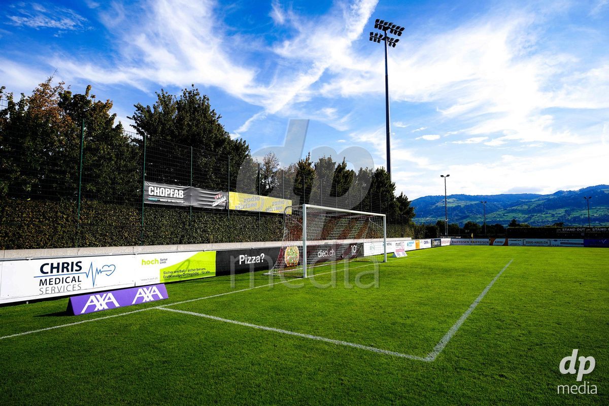RAPPERSWIL, SWITZERLAND - OCTOBER 3: AXA sponsor board prior to the AXA Women's Super League match between FC Rapperswil-Jona and FC Aarau Frauen at Grunfeld on October 3, 2026 in Rapperswil, Switzerland.