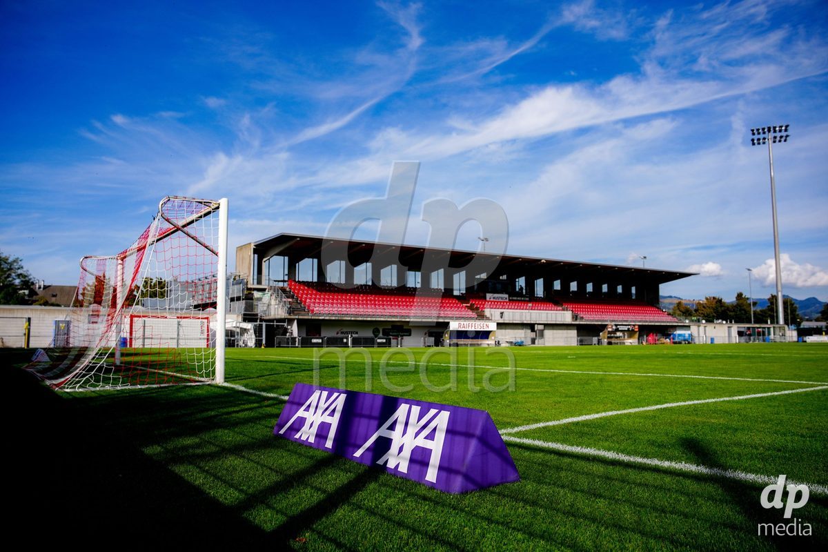 RAPPERSWIL, SWITZERLAND - OCTOBER 3: AXA sponsor board prior to the AXA Women's Super League match between FC Rapperswil-Jona and FC Aarau Frauen at Grunfeld on October 3, 2026 in Rapperswil, Switzerland.