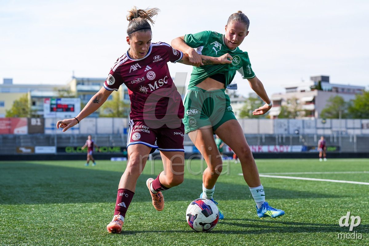 WIL, SWITZERLAND - OCTOBER 4: Gloria Marinelli of Servette FC Chenois Feminin (L) battles for the ball (duel)  during the AXA Women's Super League match between FC St. Gallen 1879 and Servette FC Chenois Feminin at Lidl Sportpark on October 4, 2026 in Wil, Switzerland.