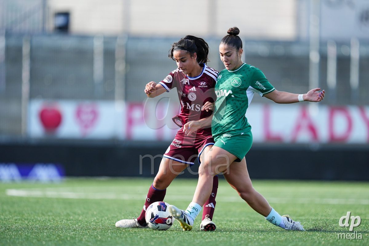WIL, SWITZERLAND - OCTOBER 4:  Paola Hernandez of Servette (L) battles for the ball (duel) during the AXA Women's Super League match between FC St. Gallen 1879 and Servette FC Chenois Feminin at Lidl Sportpark on October 4, 2026 in Wil, Switzerland.