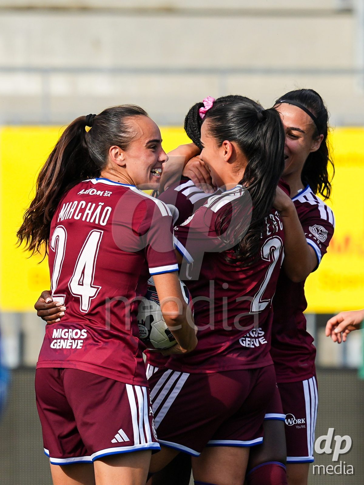 WIL, SWITZERLAND - OCTOBER 4: Benedicte Simon of Servette FC Chenois Feminin celebrates with teammates the first team goal during the AXA Women's Super League match between FC St. Gallen 1879 and Servette FC Chenois Feminin at Lidl Sportpark on October 4, 2026 in Wil, Switzerland.