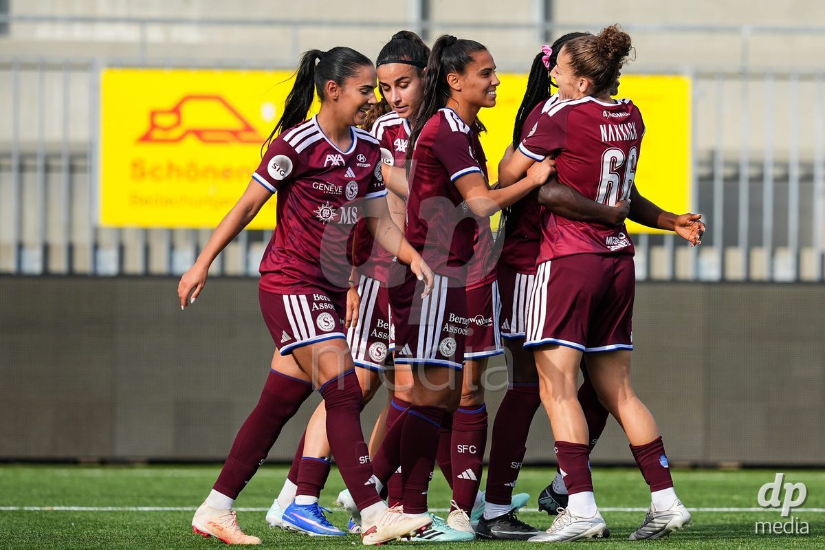 WIL, SWITZERLAND - OCTOBER 4: Benedicte Simon of Servette FC Chenois Feminin celebrates with teammates the first team goal during the AXA Women's Super League match between FC St. Gallen 1879 and Servette FC Chenois Feminin at Lidl Sportpark on October 4, 2026 in Wil, Switzerland.