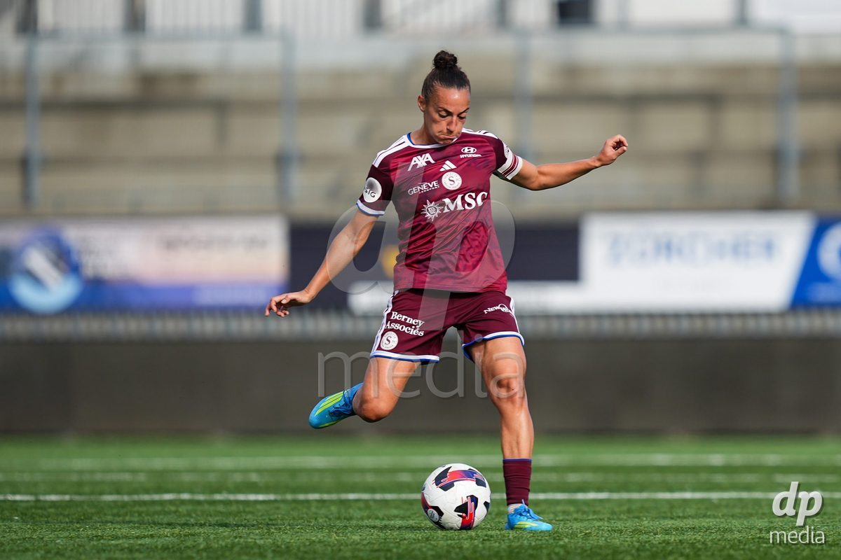 WIL, SWITZERLAND - OCTOBER 4: Paula Serrano of Servette FC Chenois Feminin shoots  the ball during the AXA Women's Super League match between FC St. Gallen 1879 and Servette FC Chenois Feminin at Lidl Sportpark on October 4, 2026 in Wil, Switzerland.