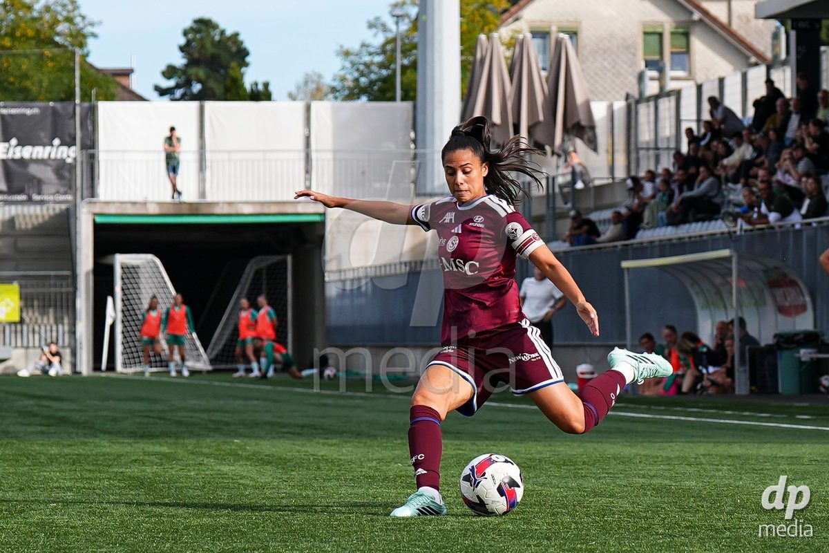 WIL, SWITZERLAND - OCTOBER 4: Daina Bourma of Servette FC Chenois Feminin shoots the ball during the AXA Women's Super League match between FC St. Gallen 1879 and Servette FC Chenois Feminin at Lidl Sportpark on October 4, 2026 in Wil, Switzerland.