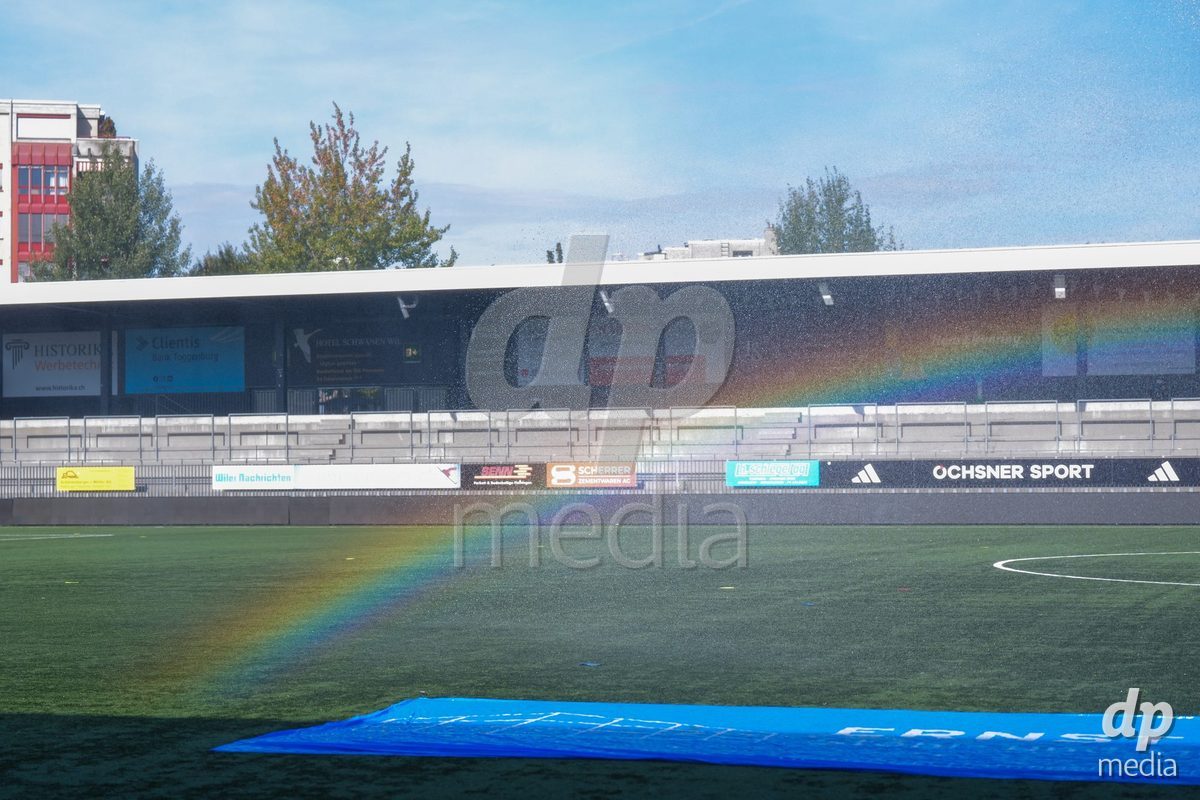 WIL, SWITZERLAND - OCTOBER 4: Rainbow pitchside created through watering the pitch during the AXA Women's Super League match between FC St. Gallen 1879 and Servette FC Chenois Feminin at Lidl Sportpark on October 4, 2026 in Wil, Switzerland.