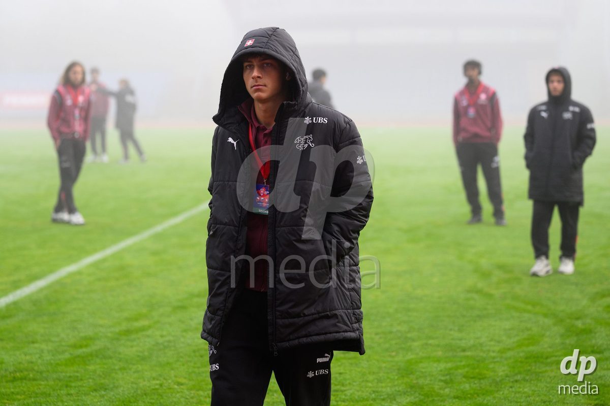 USTI NAD LABEM, CZECH REPUBLIC - OCTOBER 3:   Gregorijan Mihajlovski of Switzerland during team's pitch inspection of the stadium before the International Friendly match between Slovakia and Switzerland on October 3, 2026 in Ustí nad Labem, Czech Republic.