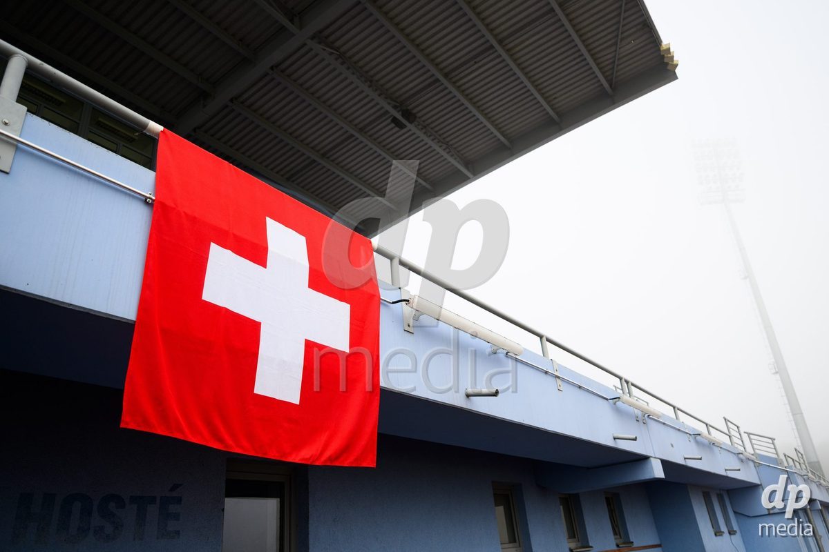 USTI NAD LABEM, CZECH REPUBLIC - OCTOBER 3:   Flag of Switzerland during team's pitch inspection of the stadium before the International Friendly match between Slovakia and Switzerland on October 3, 2026 in Ustí nad Labem, Czech Republic.