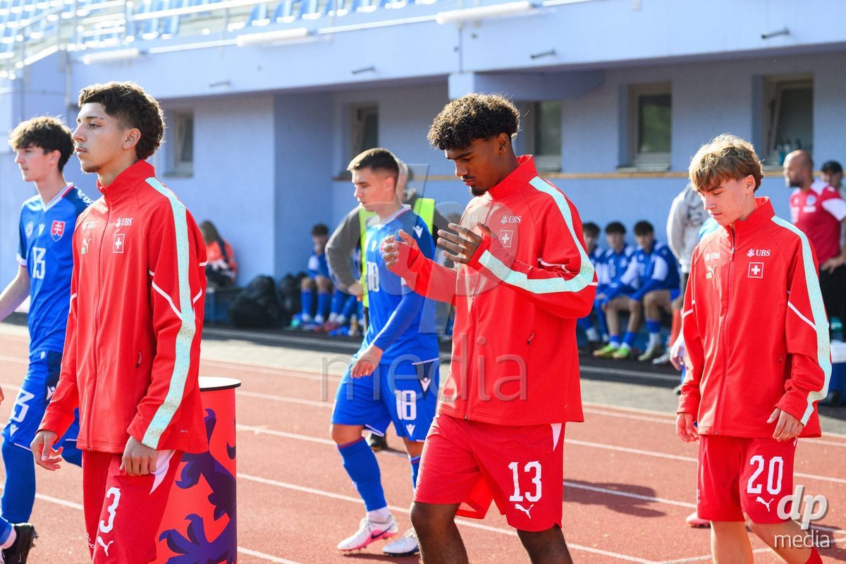 USTI NAD LABEM, CZECH REPUBLIC - OCTOBER 3: Gabriel Roskovic (left), Ryan Taouriti and Luc Gigon of Switzerland taking the field for the International Friendly match between Slovakia and Switzerland on October 3, 2026 in Ustí nad Labem, Czech Republic.