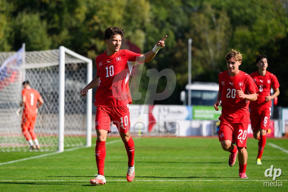 USTI NAD LABEM, CZECH REPUBLIC - OCTOBER 3: Altin Azemi of Switzerland celebrates a penalty goal during warm up before the International Friendly match between Slovakia and Switzerland on October 3, 2026 in Ustí nad Labem, Czech Republic.