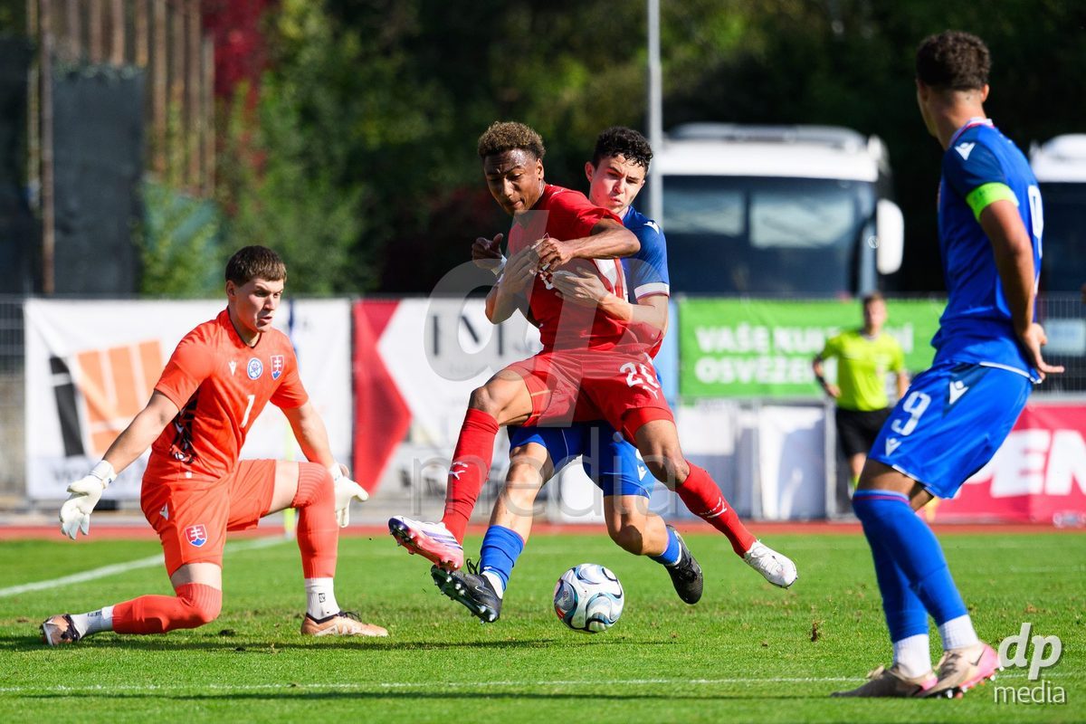 USTI NAD LABEM, CZECH REPUBLIC - OCTOBER 3: Bartolomej Straka of Slovakia (left), Mathis Dind of Switzerland and Simon Hubona of Slovakia during the International Friendly match between Slovakia and Switzerland on October 3, 2026 in Ustí nad Labem, Czech Republic.