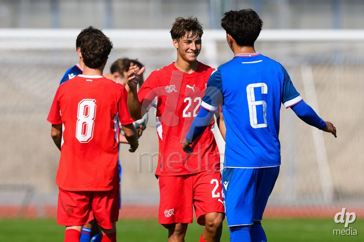 USTI NAD LABEM, CZECH REPUBLIC - OCTOBER 3: Gregorijan Mihajlovski of Switzerland and Samo Fouky of Slovakia after the International Friendly match between Slovakia and Switzerland on October 3, 2026 in Ustí nad Labem, Czech Republic.