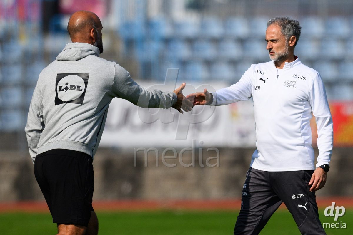 USTI NAD LABEM, CZECH REPUBLIC - OCTOBER 3: Coach of Switzerland Massimo Rizzo (right) after the International Friendly match between Slovakia and Switzerland on October 3, 2026 in Ustí nad Labem, Czech Republic.
