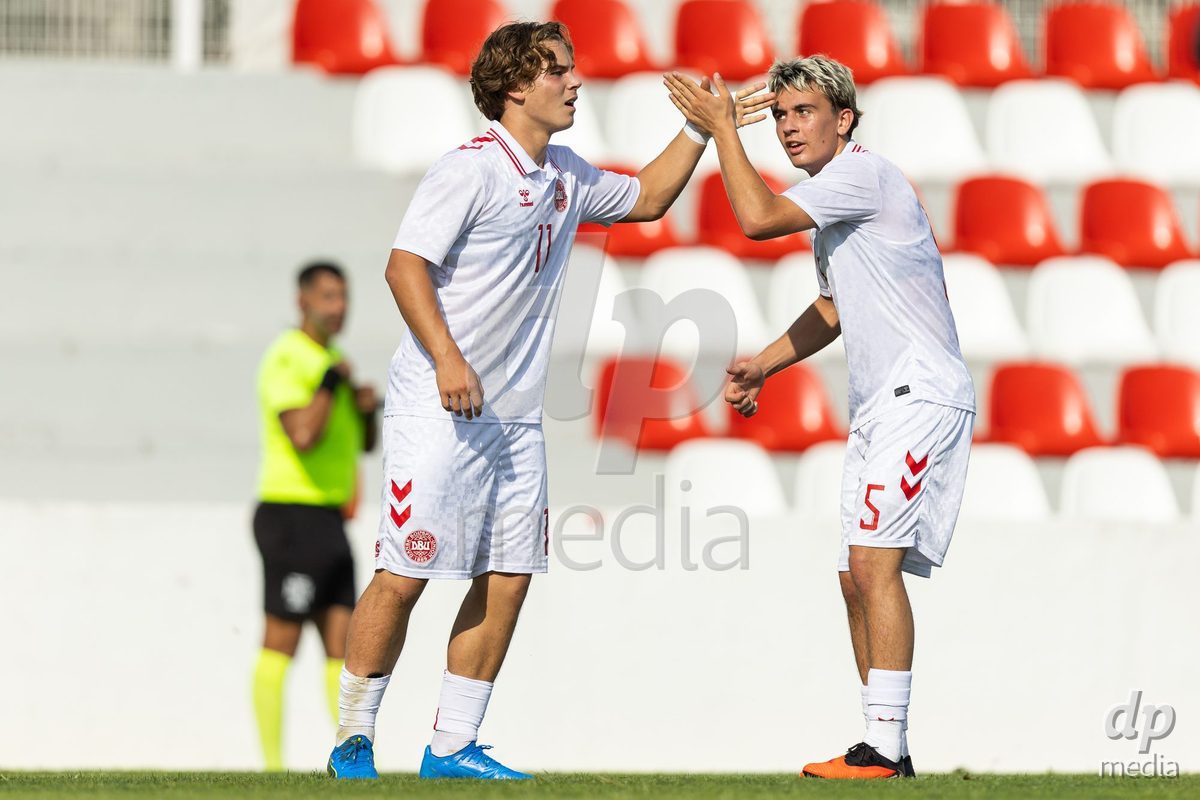 SANTAREM, PORTUGAL - OCTOBER 3: Hector Andersen and Nikolaj Vestergaard celebrating his goal during the International Friendly match between Denmark U16 and Turkiye U16 at Campo Cha das Padeiras on October 3, 2026 in Santarem, Portugal.