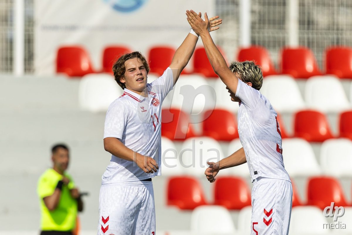 SANTAREM, PORTUGAL - OCTOBER 3: Hector Andersen and Nikolaj Vestergaard celebrating his goal during the International Friendly match between Denmark U16 and Turkiye U16 at Campo Cha das Padeiras on October 3, 2026 in Santarem, Portugal.