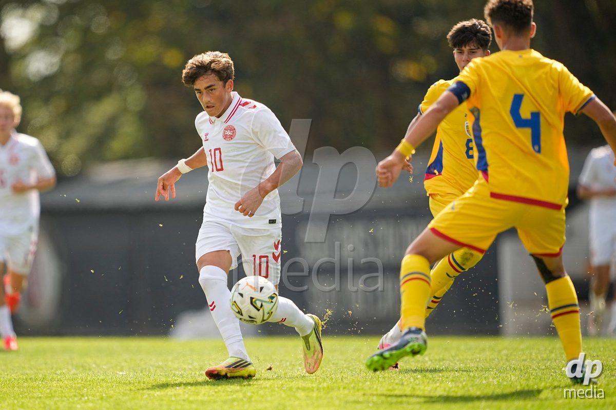 CALDAS DA RAINHA, PORTUGAL - OCTOBER 6: Frederik Abrahamsen of Denmark during the International Friendly match between Romania U16 and Denmark U16 at Campo da Mata on October 6, 2026 in Caldas da Rainha, Portugal.