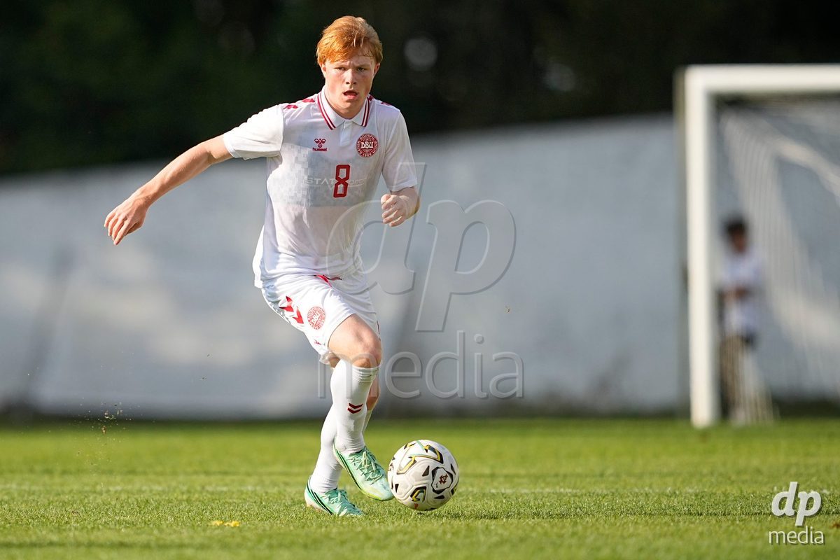 CALDAS DA RAINHA, PORTUGAL - OCTOBER 6: Albert K. Nielsen of Denmark during the International Friendly match between Romania U16 and Denmark U16 at Campo da Mata on October 6, 2026 in Caldas da Rainha, Portugal.