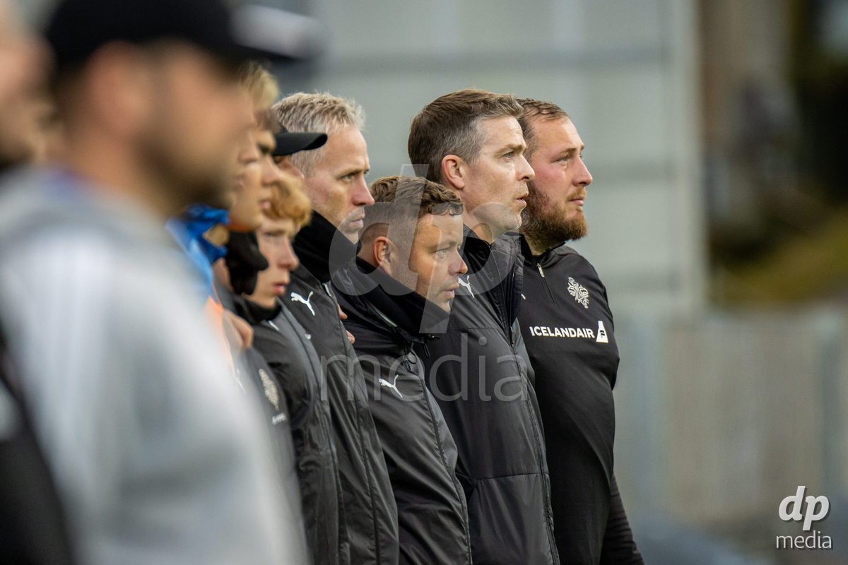 TORSHAVN, FAROE ISLANDS - OCTOBER 6: Iceland's National Anthem during the UEFA European Qualifiers match between Faroe Islands U21 and Iceland U21 at Torsvollur on October 6, 2026 in Torshavn, Faroe Islands.