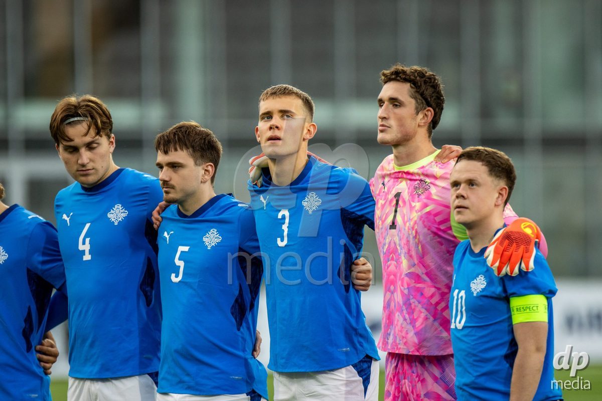 TORSHAVN, FAROE ISLANDS - OCTOBER 6: Iceland's national anthem during the UEFA European Qualifiers match between Faroe Islands U21 and Iceland U21 at Torsvollur on October 6, 2026 in Torshavn, Faroe Islands.