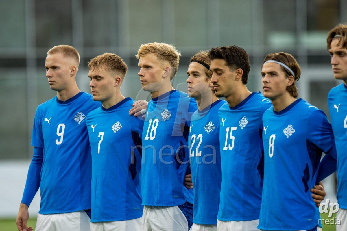 TORSHAVN, FAROE ISLANDS - OCTOBER 6: Iceland's national anthem during the UEFA European Qualifiers match between Faroe Islands U21 and Iceland U21 at Torsvollur on October 6, 2026 in Torshavn, Faroe Islands.