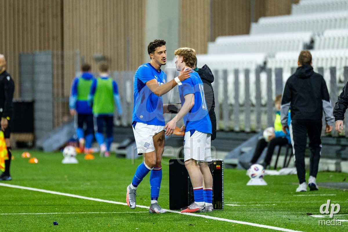 TORSHAVN, FAROE ISLANDS - OCTOBER 6: Island players during the UEFA European Qualifiers match between Faroe Islands U21 and Iceland U21 at Torsvollur on October 6, 2026 in Torshavn, Faroe Islands.