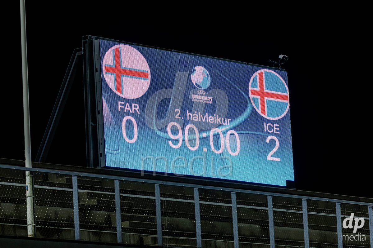 TORSHAVN, FAROE ISLANDS - OCTOBER 6: Score board during the UEFA European Qualifiers match between Faroe Islands U21 and Iceland U21 at Torsvollur on October 6, 2026 in Torshavn, Faroe Islands.
