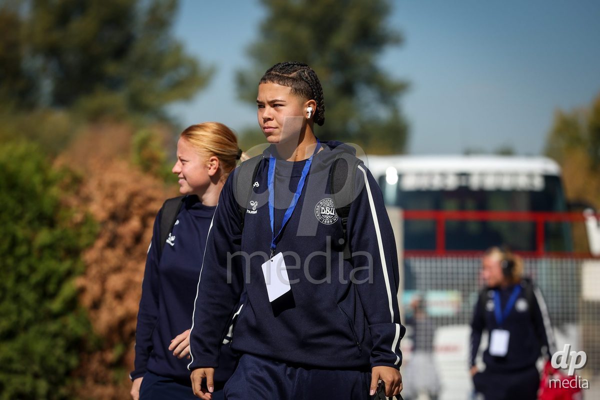 KAKANJ, BOSNIA AND HERZEGOVINA - OCTOBER 7: Alberte Mott and Thea Petersen of Denmark during the UEFA Womens European Under-19 Qualifier match between England and Denmark at Mladost Stadium on October 7, 2026 in Kakanj, Bosnia and Herzegovina.