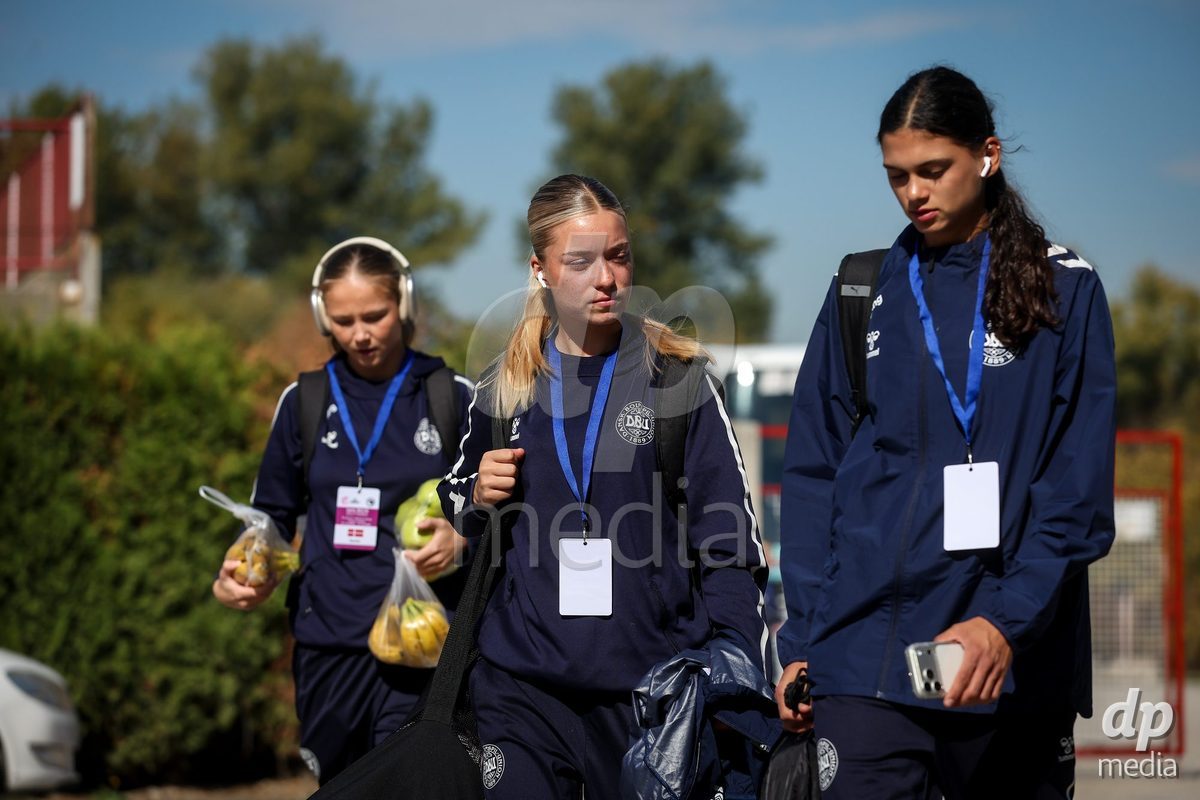 KAKANJ, BOSNIA AND HERZEGOVINA - OCTOBER 7: Caroline Ahle, Evelina Thygesen and Mila Bischoff of Denmark during the UEFA Womens European Under-19 Qualifier match between England and Denmark at Mladost Stadium on October 7, 2026 in Kakanj, Bosnia and Herzegovina.