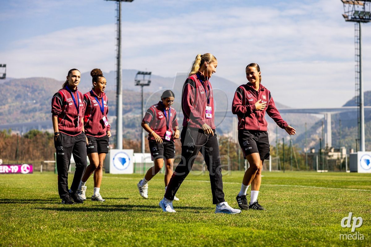 ZENICA, BOSNIA AND HERZEGOVINA - OCTOBER 7: Johanna Thüer and Ida Wegmann of Switzerland during the UEFA Womens European Under-19 Qualifier match between Switzerland and Bosnia and Herzegovina at FF BH Football Training Centre on October 7, 2026 in Zenica, Bosnia and Herzegovina.