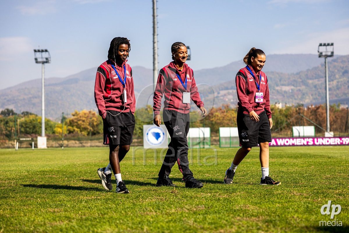 ZENICA, BOSNIA AND HERZEGOVINA - OCTOBER 7: Garance Nein, Tiffany Vonnez and Leyla Laubscher of Switzerland during the UEFA Womens European Under-19 Qualifier match between Switzerland and Bosnia and Herzegovina at FF BH Football Training Centre on October 7, 2026 in Zenica, Bosnia and Herzegovina.