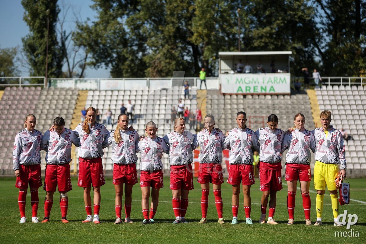 KAKANJ, BOSNIA AND HERZEGOVINA - OCTOBER 7: Nikoline Nielsen, Thea Petersen, Andrea Jeppesen, Sarah Lindorff Vinther, Astrid Engsig-Karup, Alberte Mott, Nellie Mulvad Gejel, Josephine Behrmann Lamp, Mila Bischoff, Asta Kynde and Isabella Damm of Denmark during the UEFA Womens European Under-19 Qualifier match between England and Denmark at Mladost Stadium on October 7, 2026 in Kakanj, Bosnia and Herzegovina.