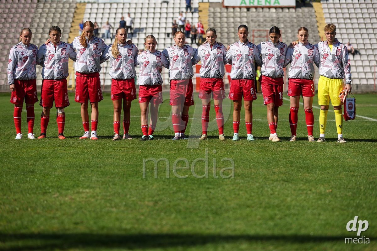 KAKANJ, BOSNIA AND HERZEGOVINA - OCTOBER 7: Nikoline Nielsen, Thea Petersen, Andrea Jeppesen, Sarah Lindorff Vinther, Astrid Engsig-Karup, Alberte Mott, Nellie Mulvad Gejel, Josephine Behrmann Lamp, Mila Bischoff, Asta Kynde and Isabella Damm of Denmark during the UEFA Womens European Under-19 Qualifier match between England and Denmark at Mladost Stadium on October 7, 2026 in Kakanj, Bosnia and Herzegovina.