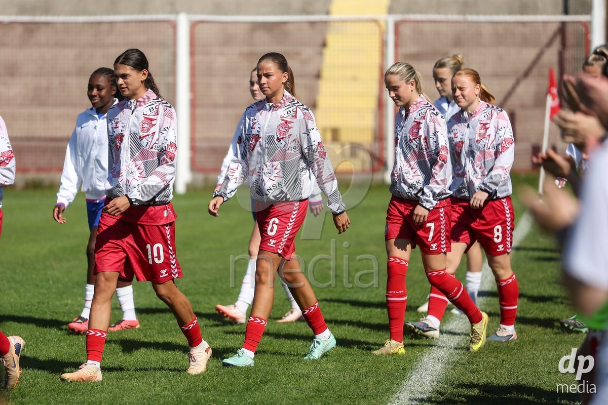 KAKANJ, BOSNIA AND HERZEGOVINA - OCTOBER 7: Mila Bischoff, Josephine Behrmann Lamp and Nellie Mulvad Gejel of Denmark during the UEFA Womens European Under-19 Qualifier match between England and Denmark at Mladost Stadium on October 7, 2026 in Kakanj, Bosnia and Herzegovina.
