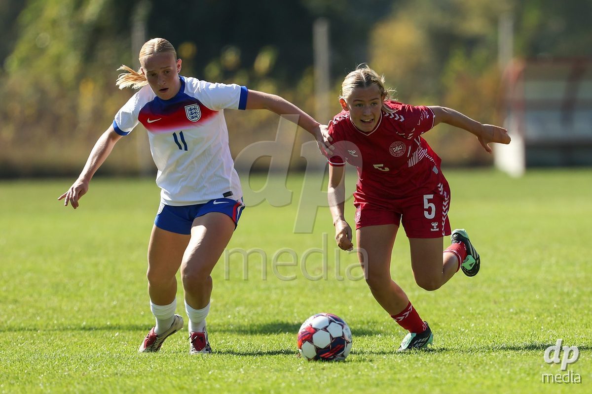 KAKANJ, BOSNIA AND HERZEGOVINA - OCTOBER 7: Phoebe De Bohan of England and Astrid Engsig-Karup of Denmark during the UEFA Womens European Under-19 Qualifier match between England and Denmark at Mladost Stadium on October 7, 2026 in Kakanj, Bosnia and Herzegovina.