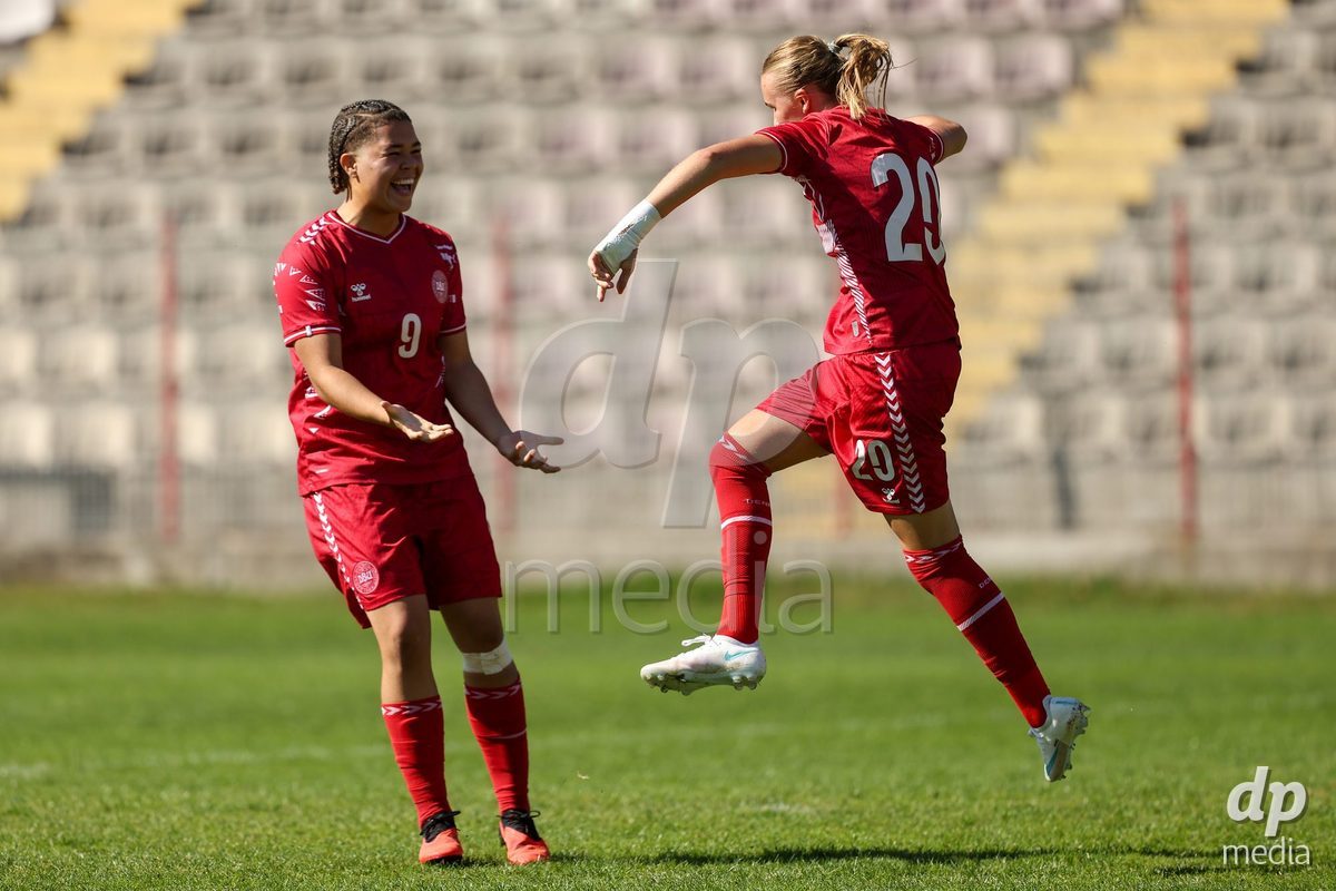 KAKANJ, BOSNIA AND HERZEGOVINA - OCTOBER 7: Thea Petersen and Nikoline Nielsen od Denmark during the UEFA Womens European Under-19 Qualifier match between England and Denmark at Mladost Stadium on October 7, 2026 in Kakanj, Bosnia and Herzegovina.