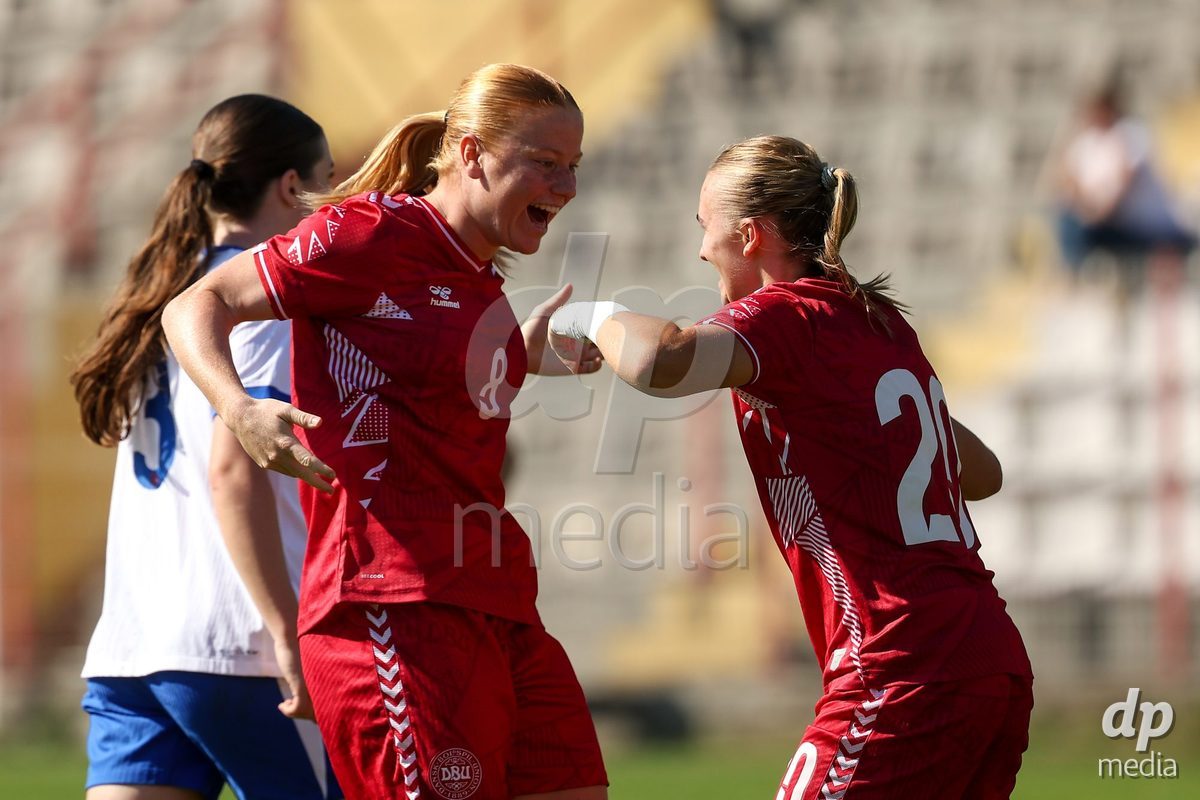 KAKANJ, BOSNIA AND HERZEGOVINA - OCTOBER 7: Alberte Mott and Nikoline Nielsen od Denmark during the UEFA Womens European Under-19 Qualifier match between England and Denmark at Mladost Stadium on October 7, 2026 in Kakanj, Bosnia and Herzegovina.