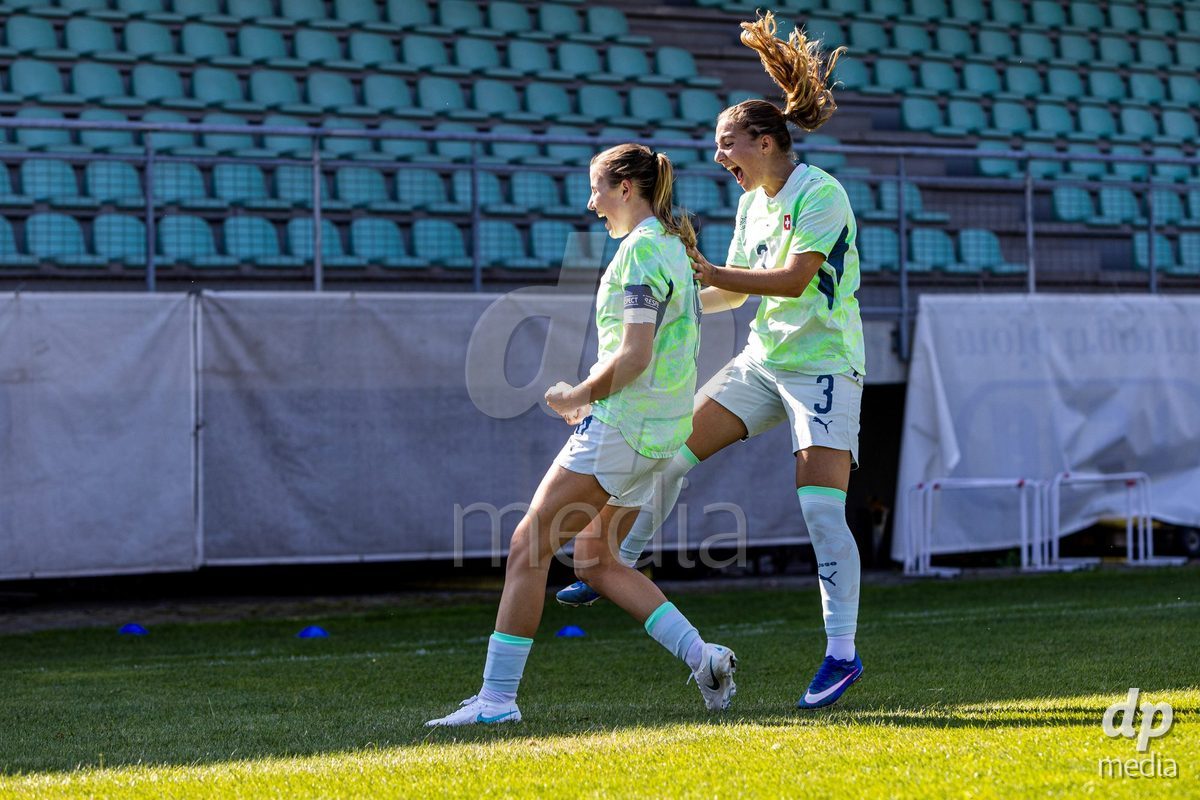ZENICA, BOSNIA AND HERZEGOVINA - OCTOBER 7: Giulia Looser and Emilia Brunner of Switzerland during the UEFA Womens European Under-19 Qualifier match between Switzerland and Bosnia and Herzegovina at FF BH Football Training Centre on October 7, 2026 in Zenica, Bosnia and Herzegovina.
