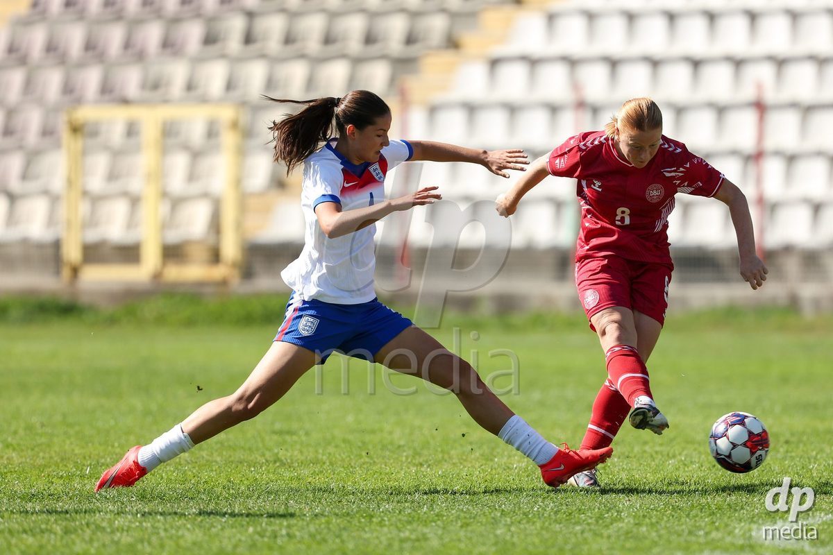 KAKANJ, BOSNIA AND HERZEGOVINA - OCTOBER 7: Romia Gagliano od England and Alberte Mott of Switzerland during the UEFA Womens European Under-19 Qualifier match between England and Denmark at Mladost Stadium on October 7, 2026 in Kakanj, Bosnia and Herzegovina.