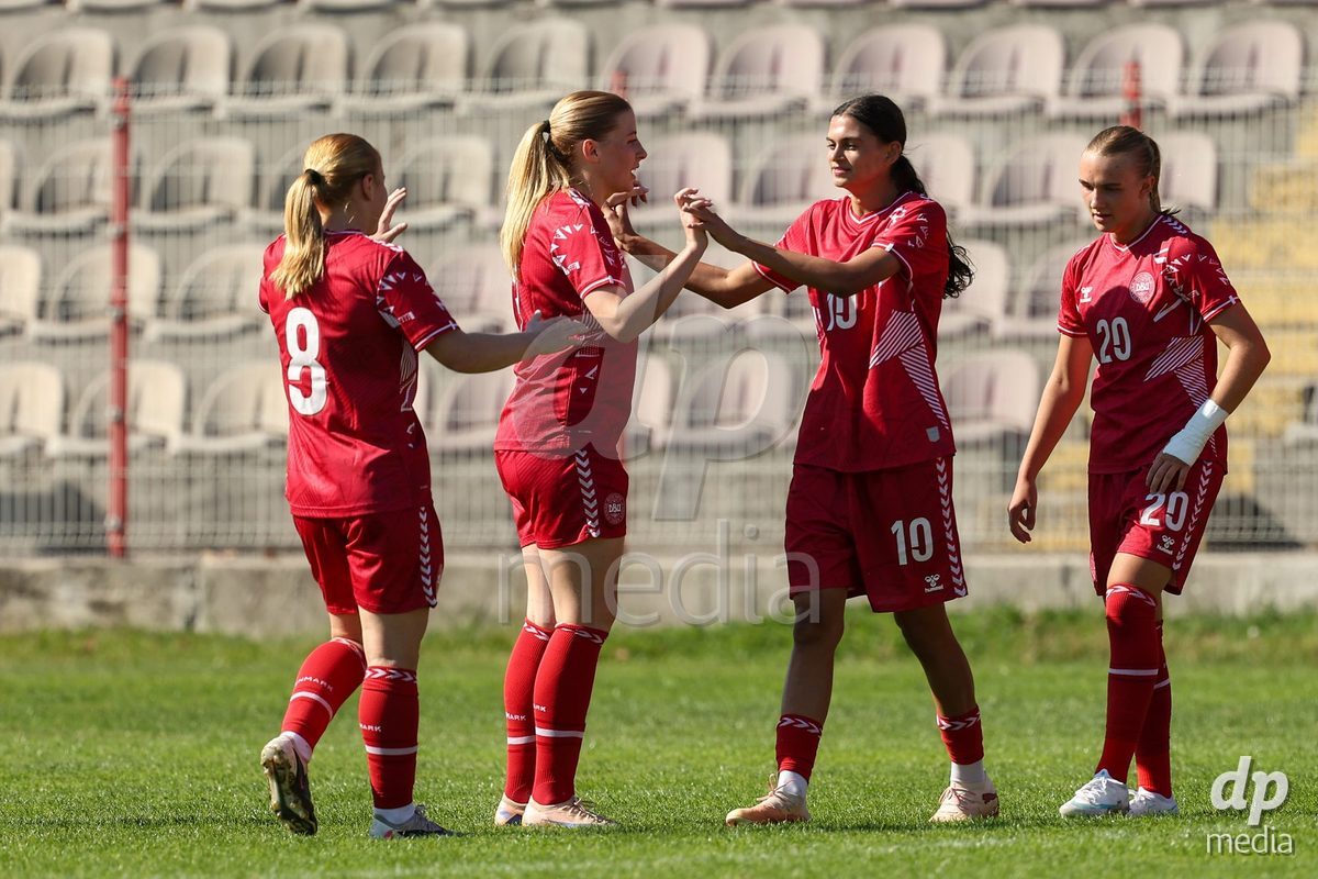 KAKANJ, BOSNIA AND HERZEGOVINA - OCTOBER 7: Asta Kynde, Mila Bischoff and Nikoline Nielsen of Denmark during the UEFA Womens European Under-19 Qualifier match between England and Denmark at Mladost Stadium on October 7, 2026 in Kakanj, Bosnia and Herzegovina.